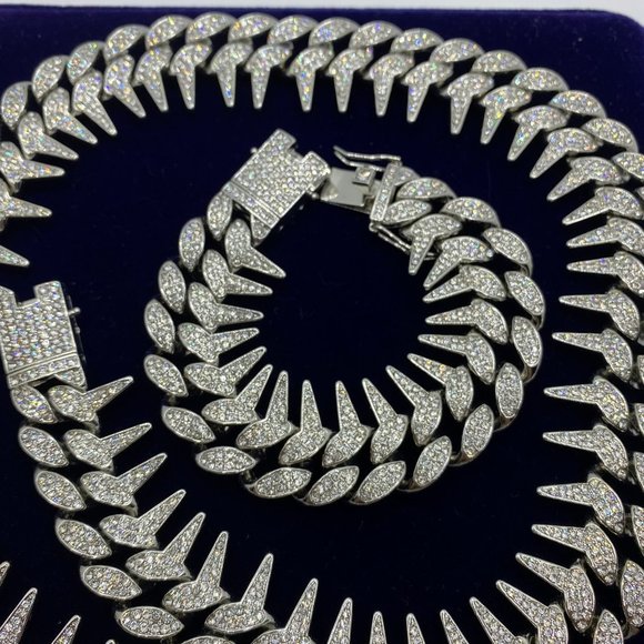 25mm Diamond Iced Out Two Row Spiked Chain Necklace - Bracelet Set - Picture 4 of 4